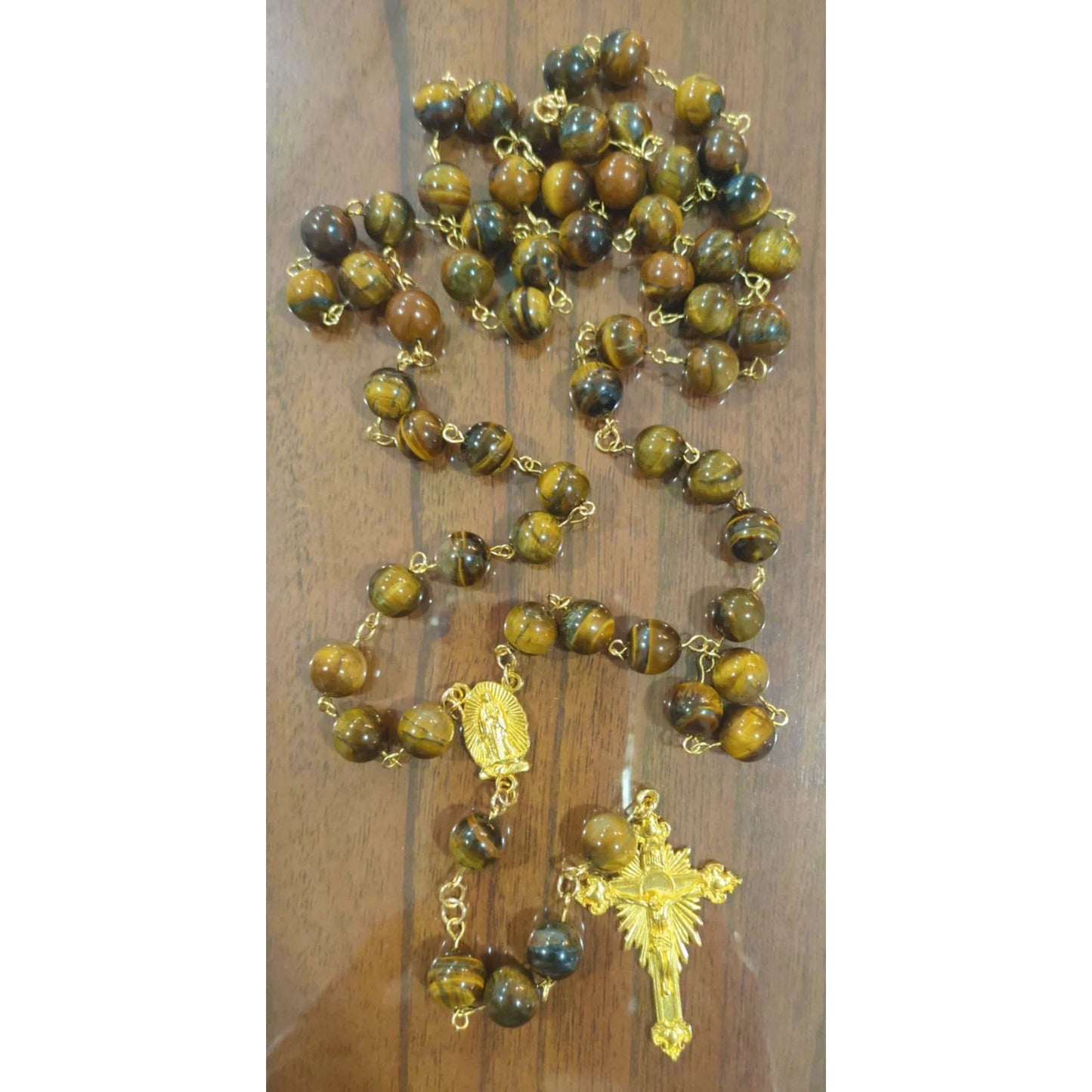 Brown Tiger’s Eye Rosary with Large Gold Crucifix & Our Lady of Guadalupe Medal