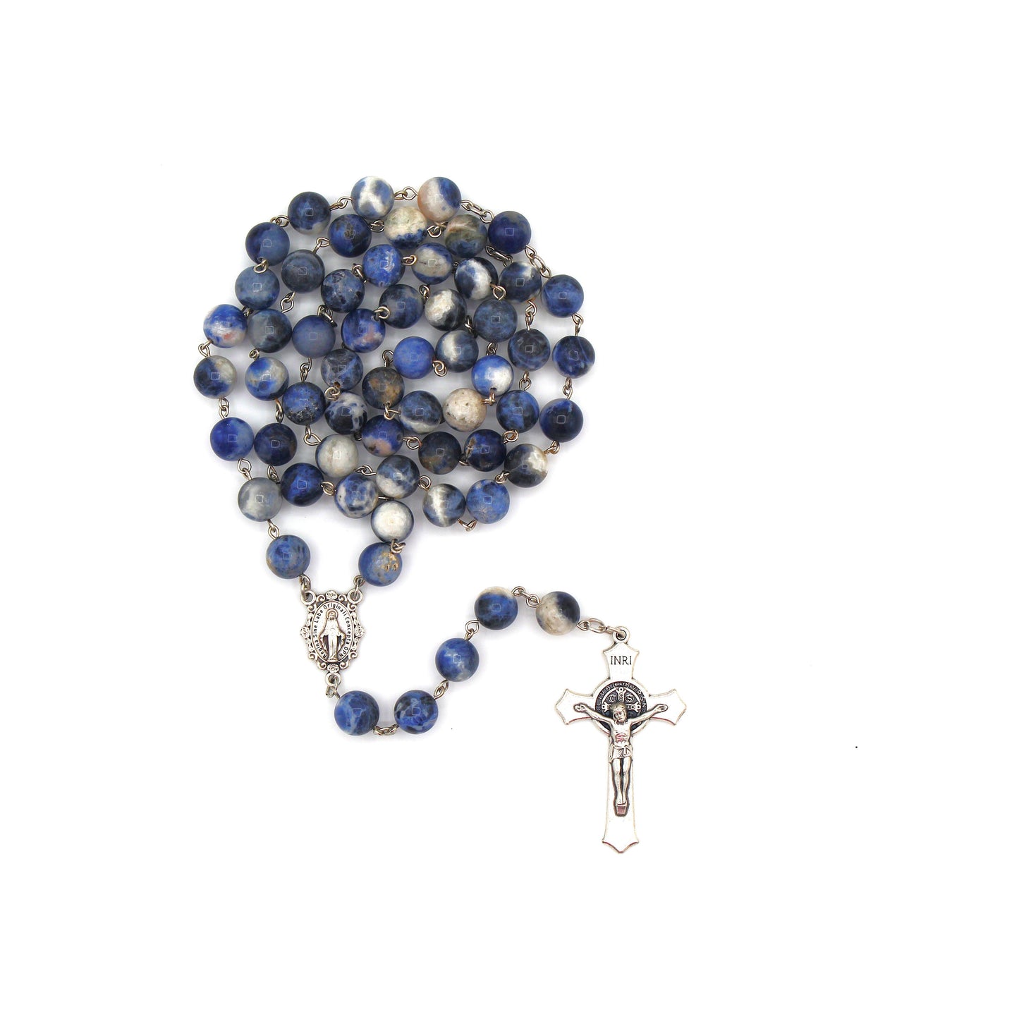 Blue Semi-Precious Gemstone Rosary with St. Benedict Crucifix & Miraculous Medal
