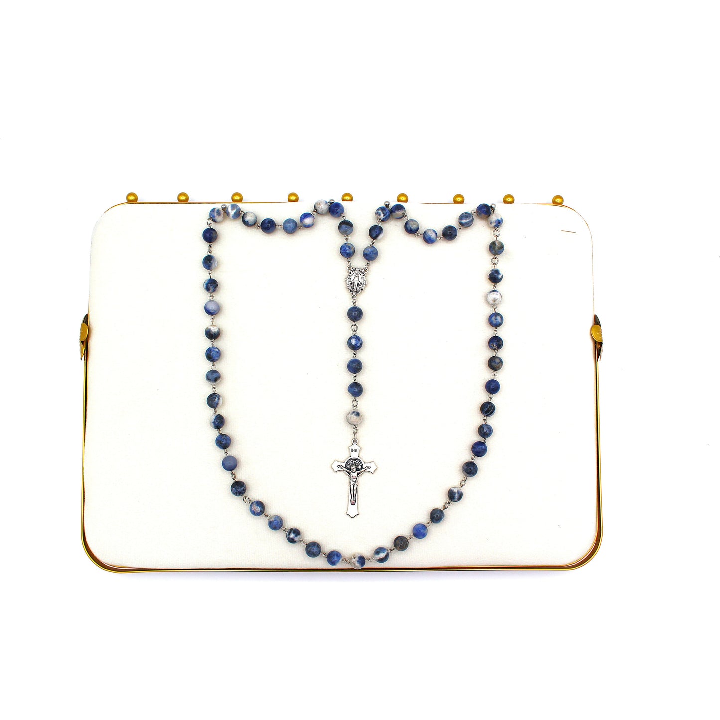 Blue Semi-Precious Gemstone Rosary with St. Benedict Crucifix & Miraculous Medal