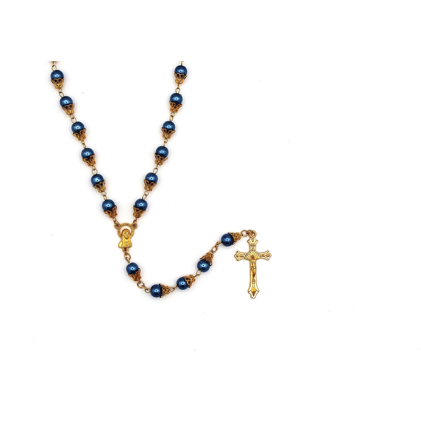 Queen of Heaven Rosary in Gold with Trumpet Flower Caps 8mm