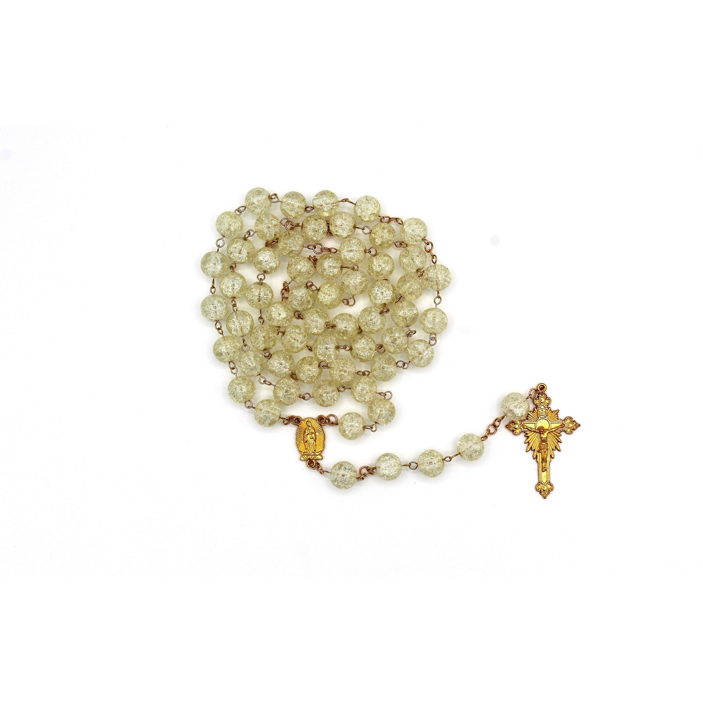 Light Yellow Crackle Crystal Rosary with Large Gold Crucifix & Our Lady of Guadalupe Medal