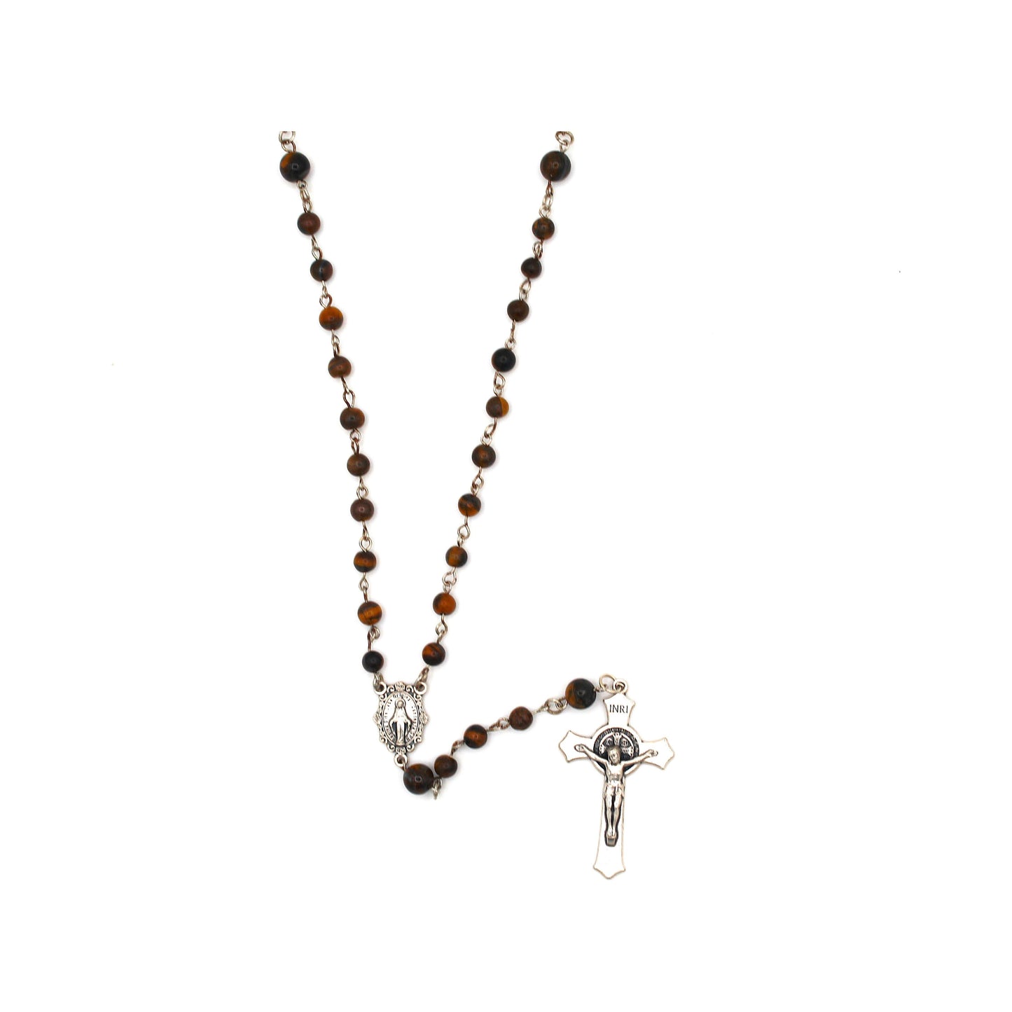 Brown Tiger’s Eye Rosary with Large Gold Crucifix & Our Lady of Guadalupe Medal