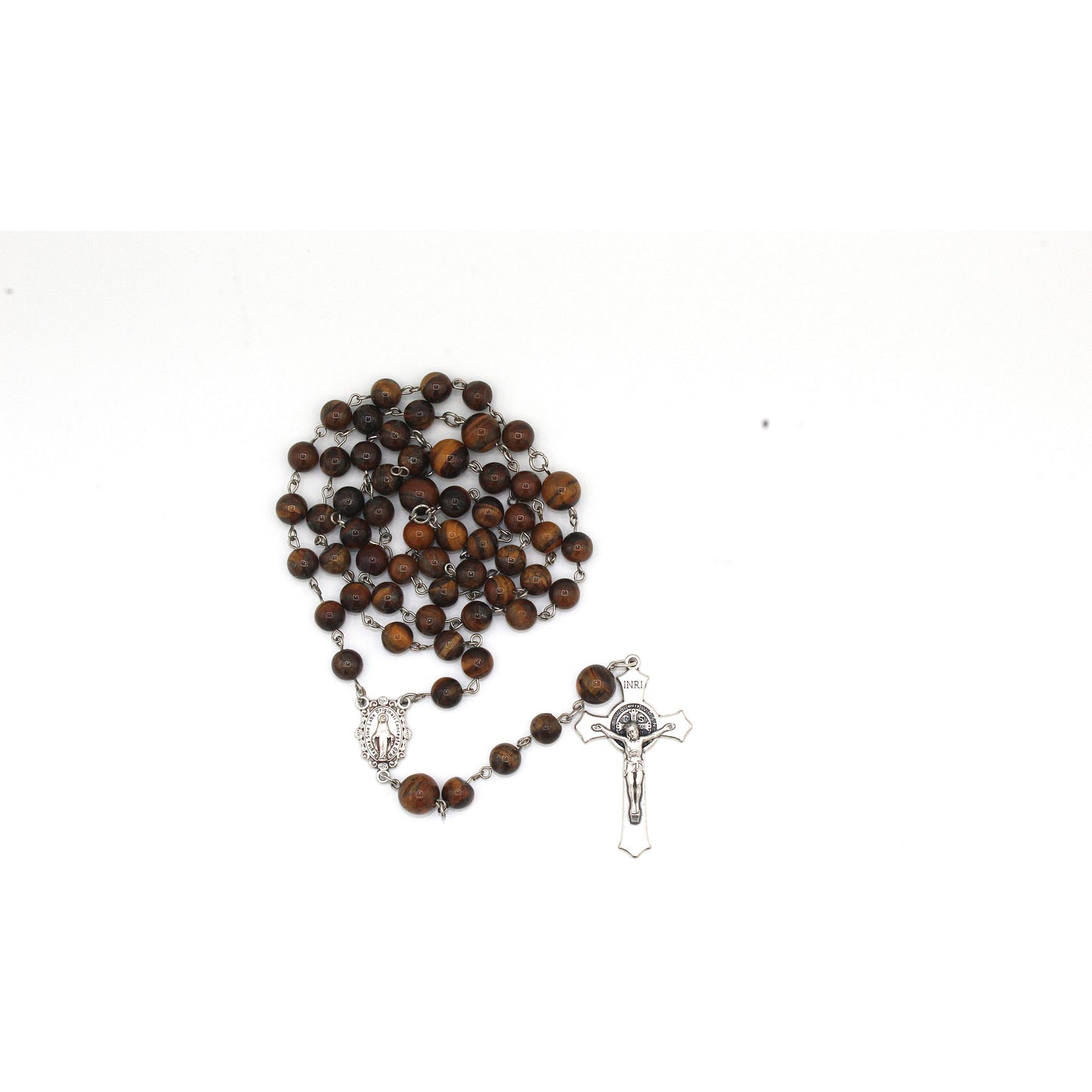 Brown Tiger’s Eye Rosary with Large Gold Crucifix & Our Lady of Guadalupe Medal