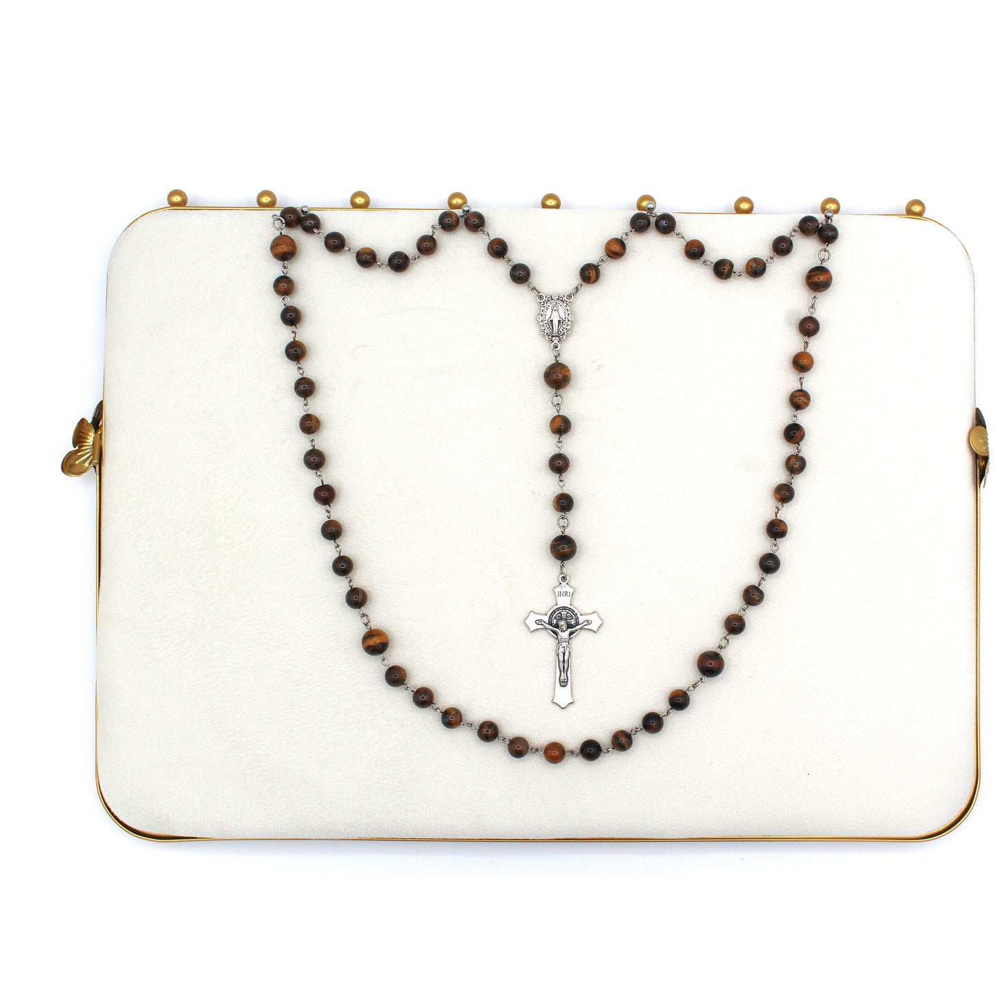 Brown Tiger’s Eye Rosary with Large Gold Crucifix & Our Lady of Guadalupe Medal