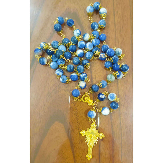 Agate Blue Semi-Precious Gemstone Rosary with Large Gold Crucifix & Medal of Our Lady