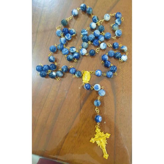 Blue Semi-Precious Gemstone Rosary with Large Gold Crucifix & Our Lady of Guadalupe Medal