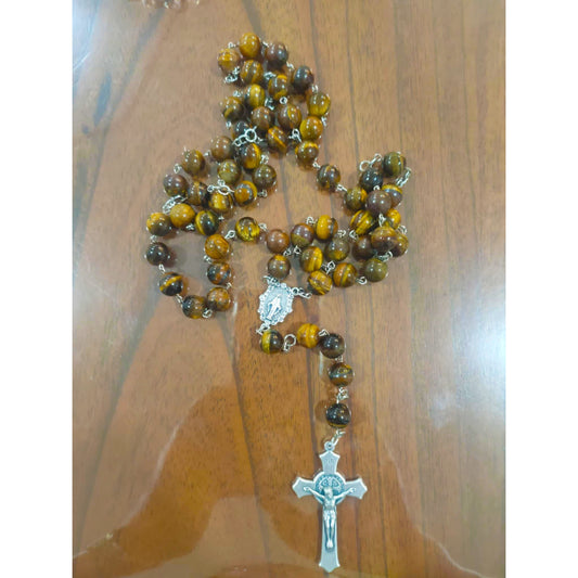 Brown Tiger’s Eye Rosary with St. Benedict Crucifix & Miraculous Medal