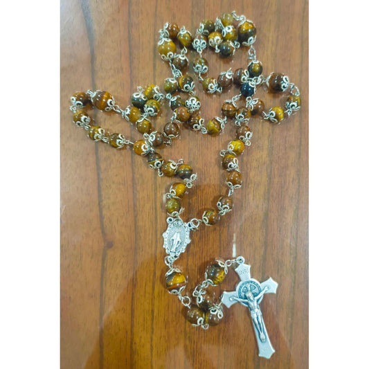 Brown Tiger’s Eye Rosary with St. Benedict Crucifix & Miraculous Medal