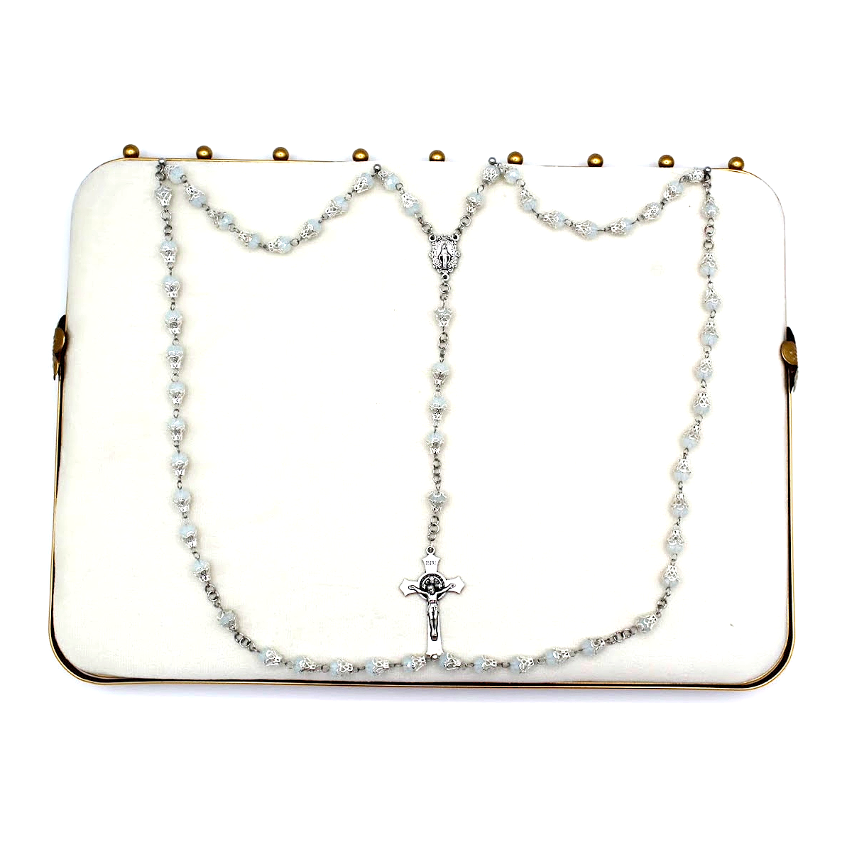 Celestial Light Rosary  in Silver with Trumpet Flower Caps  8mm