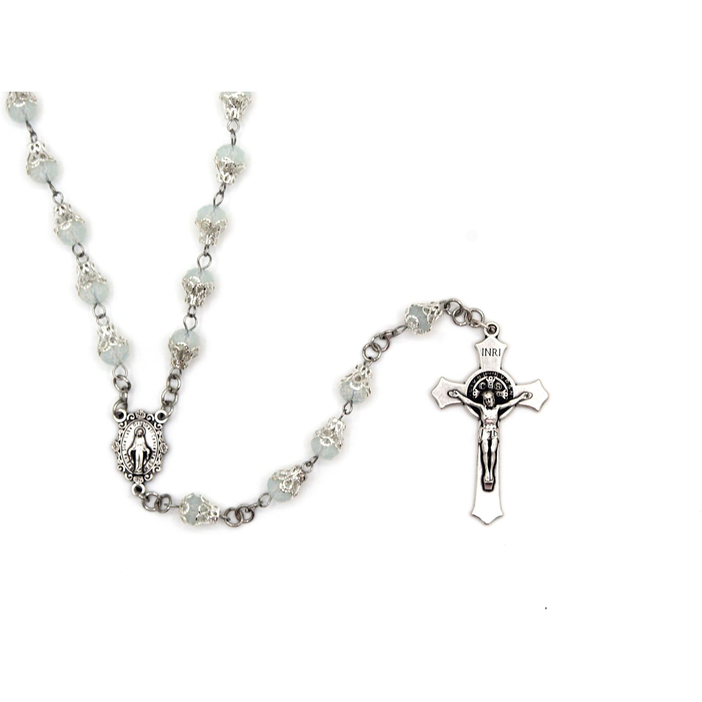 Celestial Light Rosary  in Silver with Trumpet Flower Caps  8mm