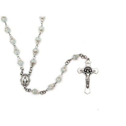 Celestial Light Rosary  in Silver with Trumpet Flower Caps  8mm