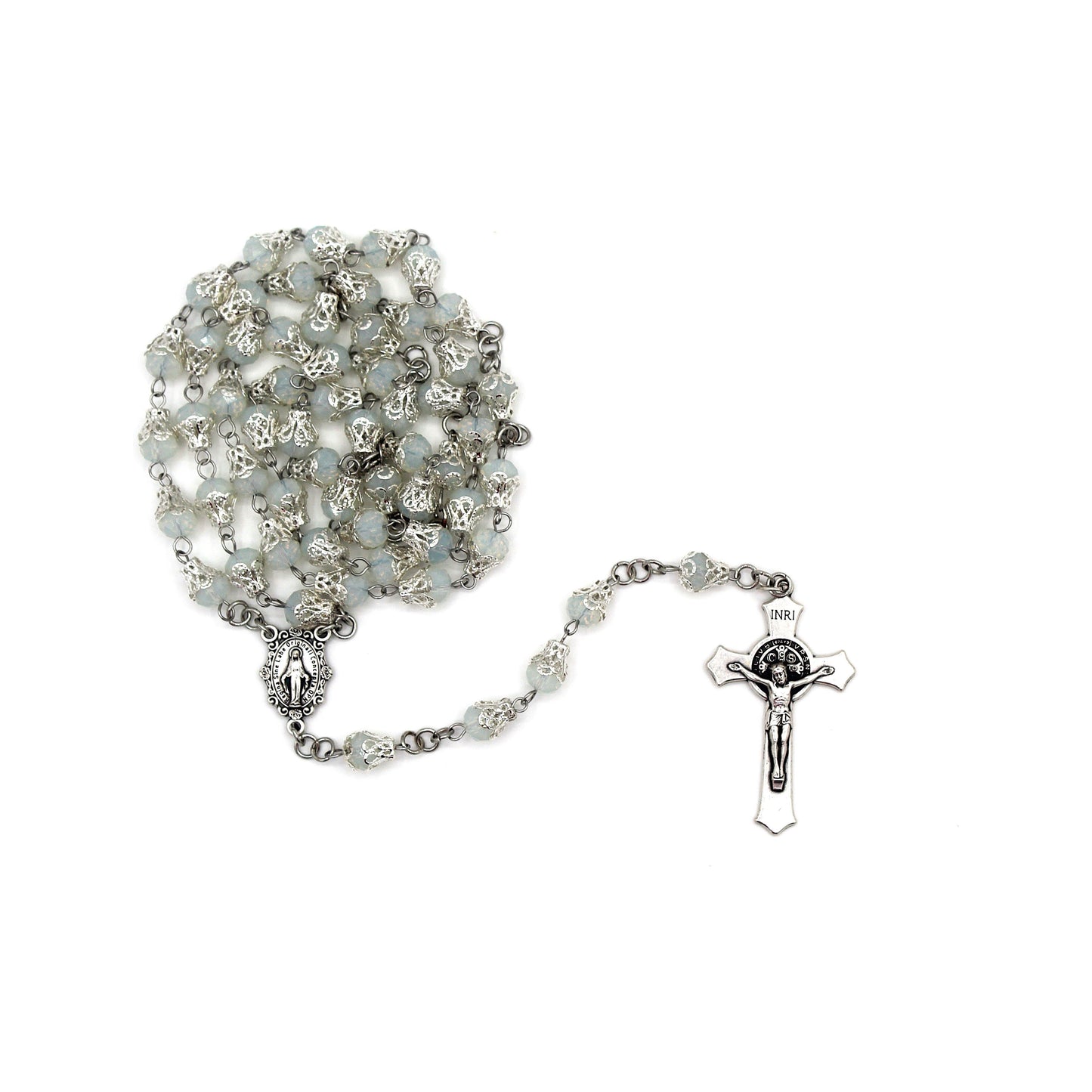 Celestial Light Rosary  in Silver with Trumpet Flower Caps  8mm