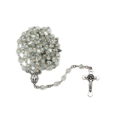Celestial Light Rosary  in Silver with Trumpet Flower Caps  8mm