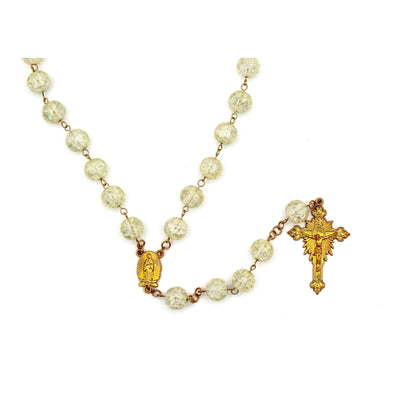Light Yellow Crackle Crystal Rosary with Large Gold Crucifix & Our Lady of Guadalupe Medal