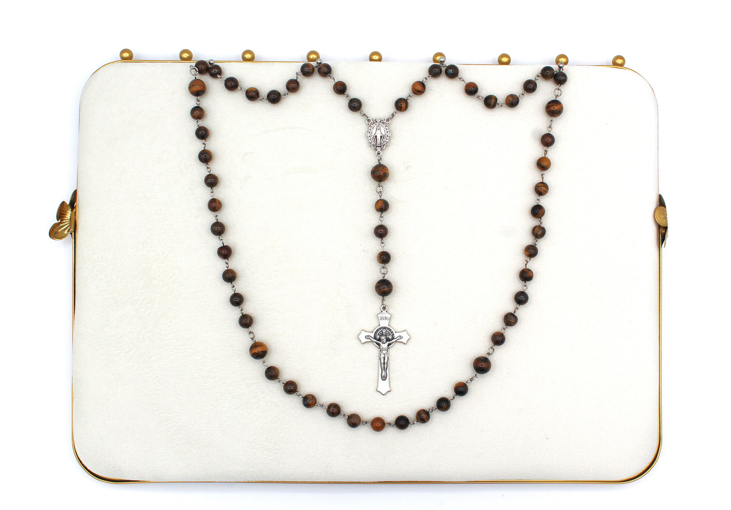 Our Lady of Mount Carmel Rosary in Silver 8mm Our Father Beads, 6mm Hail Mary Beads